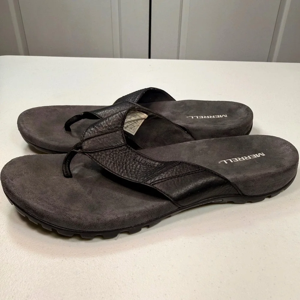 Merrell Mens Black Leather Flip Flop Sandals Performance Air Cushion Size 12